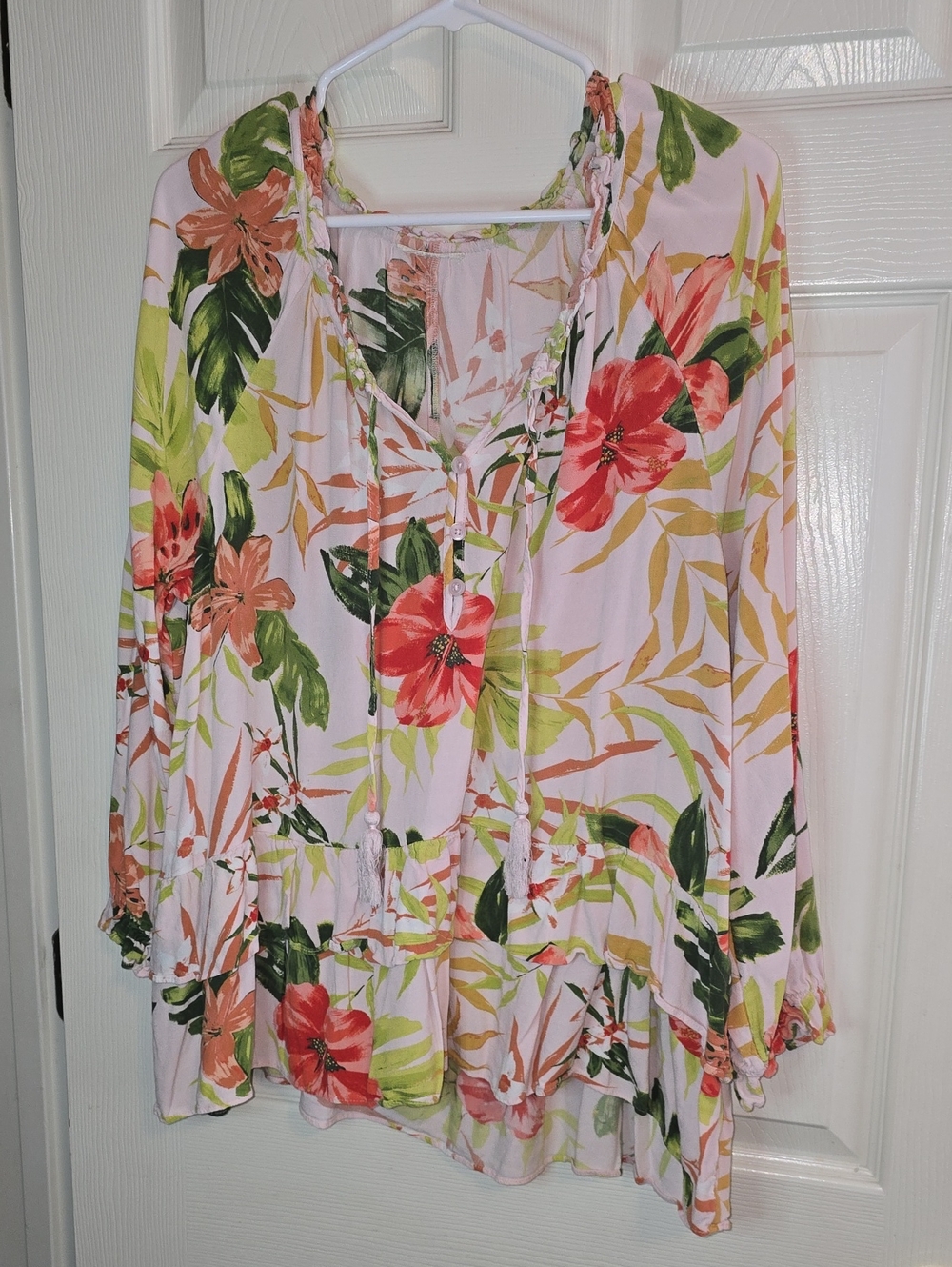 Tropical Floral Peasant Tunic - Pink Red Floral